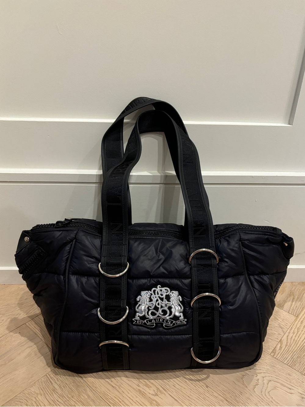 Ralph Lauren Black Quilted Crest Tote with Strap Rings